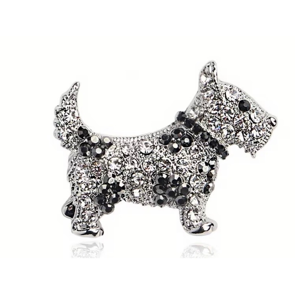 Scottish Terrier Scottie Dog Brooch Silver Black Rhinestone Crystal Pin